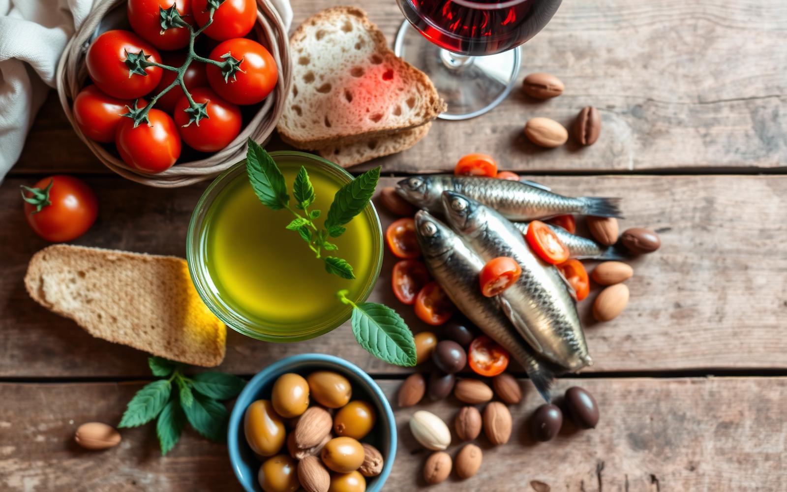 Mesa mediterránea con aceite y tomates